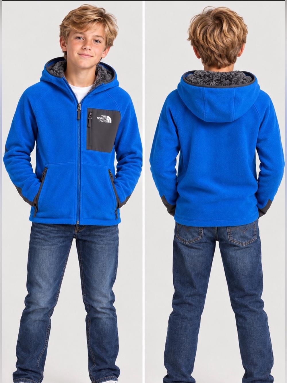 The North Face Kids M(10/12) Bright Blue Hooded Fleece Charcoal Zipped Pockets